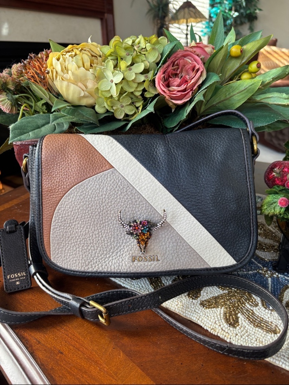 Fossil Leather Colorblock Crossbody Purse Black Gray Brown Cream Jeweled Bull